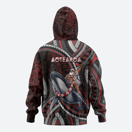 Aotearoa Christmas Zip Hoodie Santa Riding Humpback Whale Maori Koru