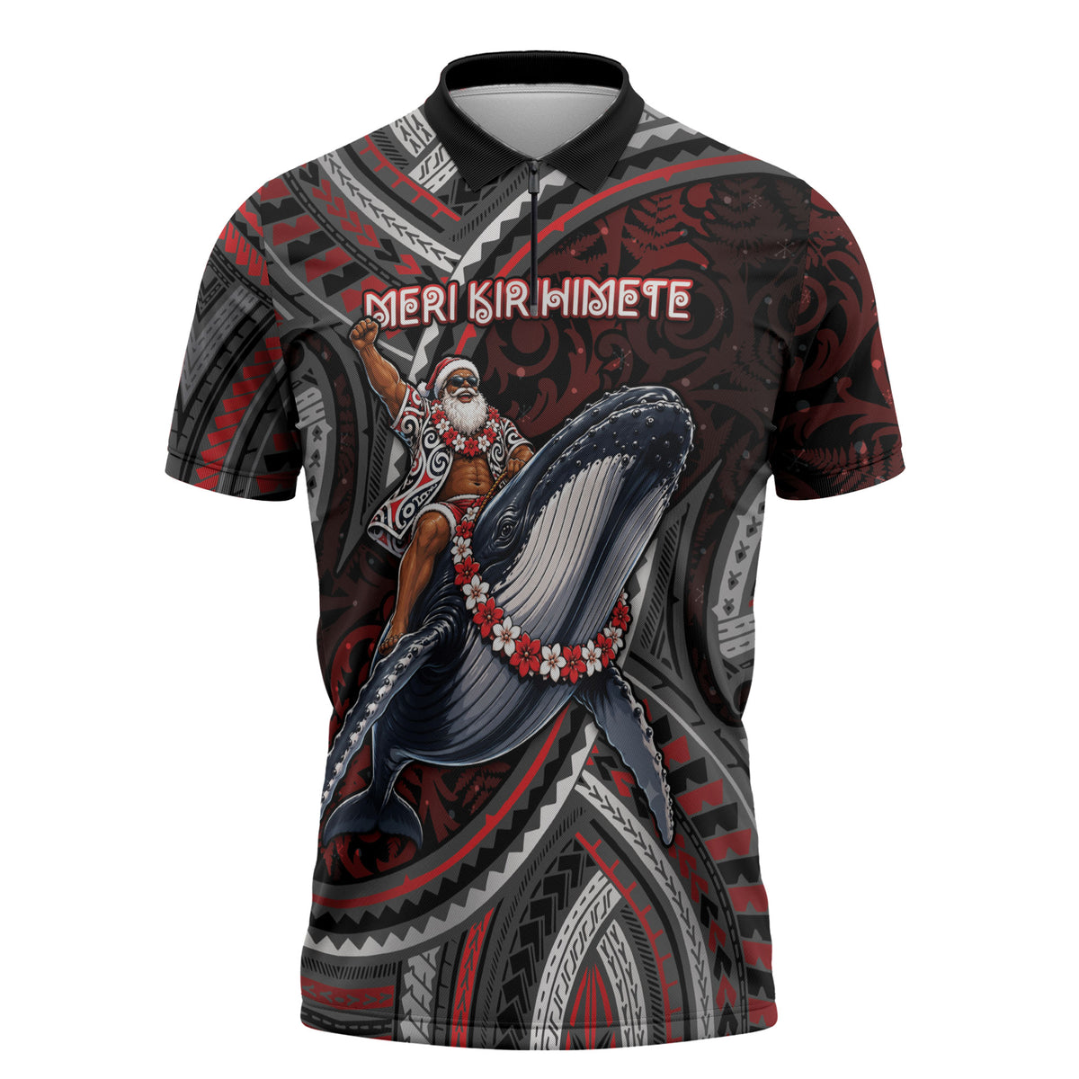 Aotearoa Christmas Zipper Polo Shirt Santa Riding Humpback Whale Maori Koru