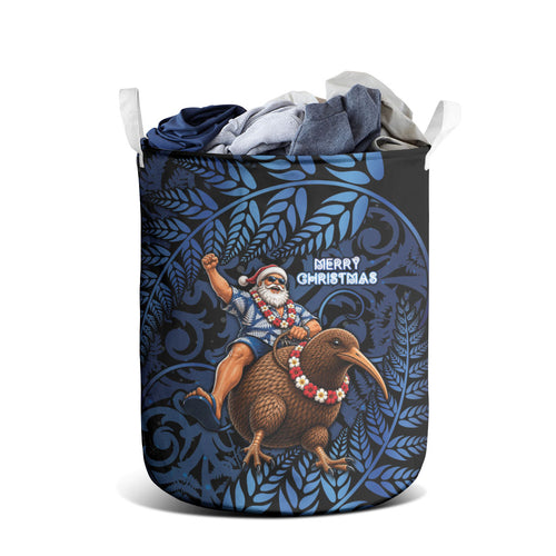 New Zealand Christmas Laundry Basket Santa Riding Kiwi Bird Silver Fern