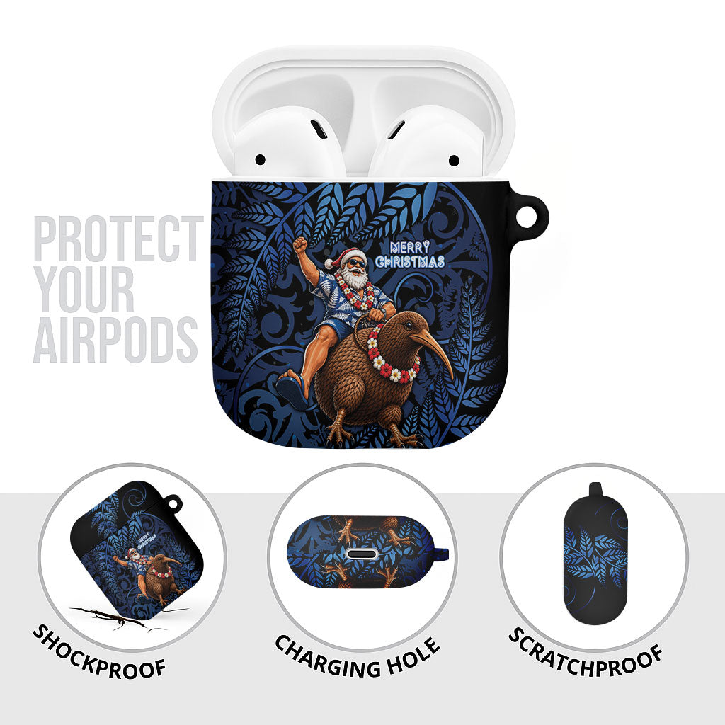New Zealand Christmas AirPods Case Santa Riding Kiwi Bird Silver Fern