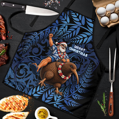 New Zealand Christmas Apron Santa Riding Kiwi Bird Silver Fern