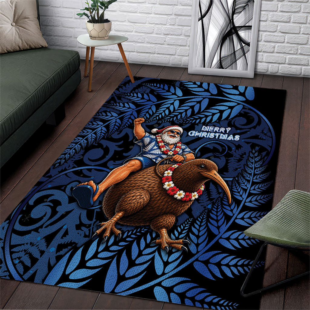 New Zealand Christmas Area Rug Santa Riding Kiwi Bird Silver Fern