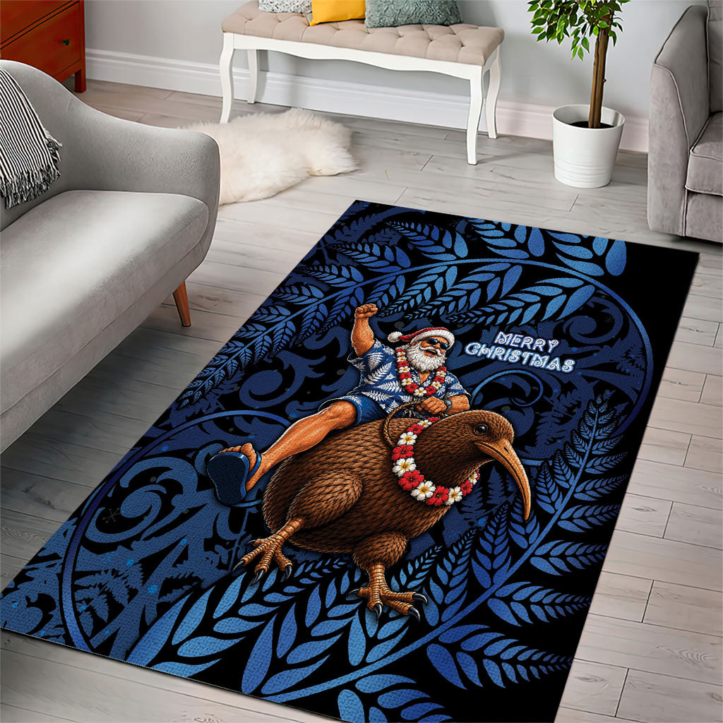 New Zealand Christmas Area Rug Santa Riding Kiwi Bird Silver Fern