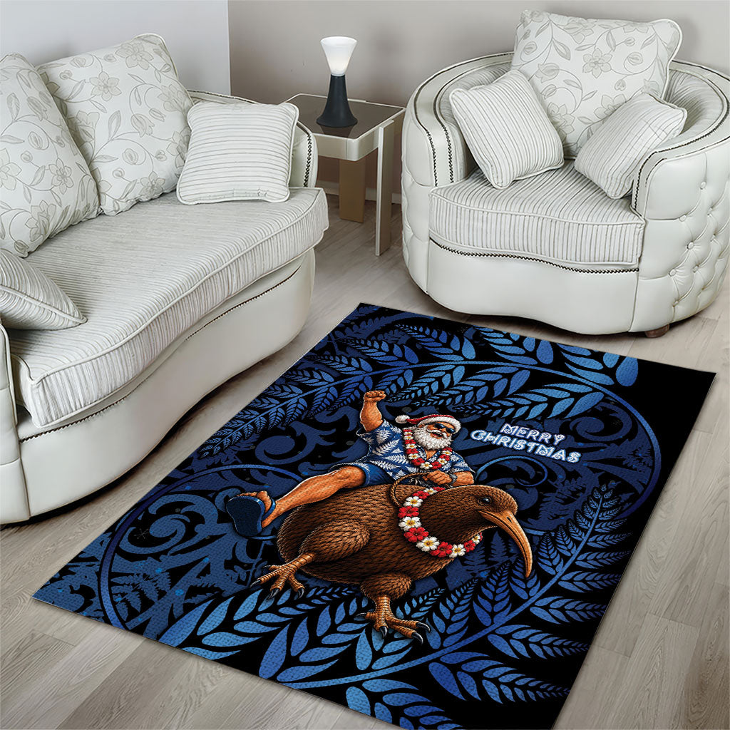 New Zealand Christmas Area Rug Santa Riding Kiwi Bird Silver Fern