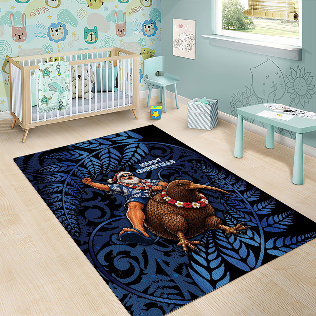 New Zealand Christmas Area Rug Santa Riding Kiwi Bird Silver Fern