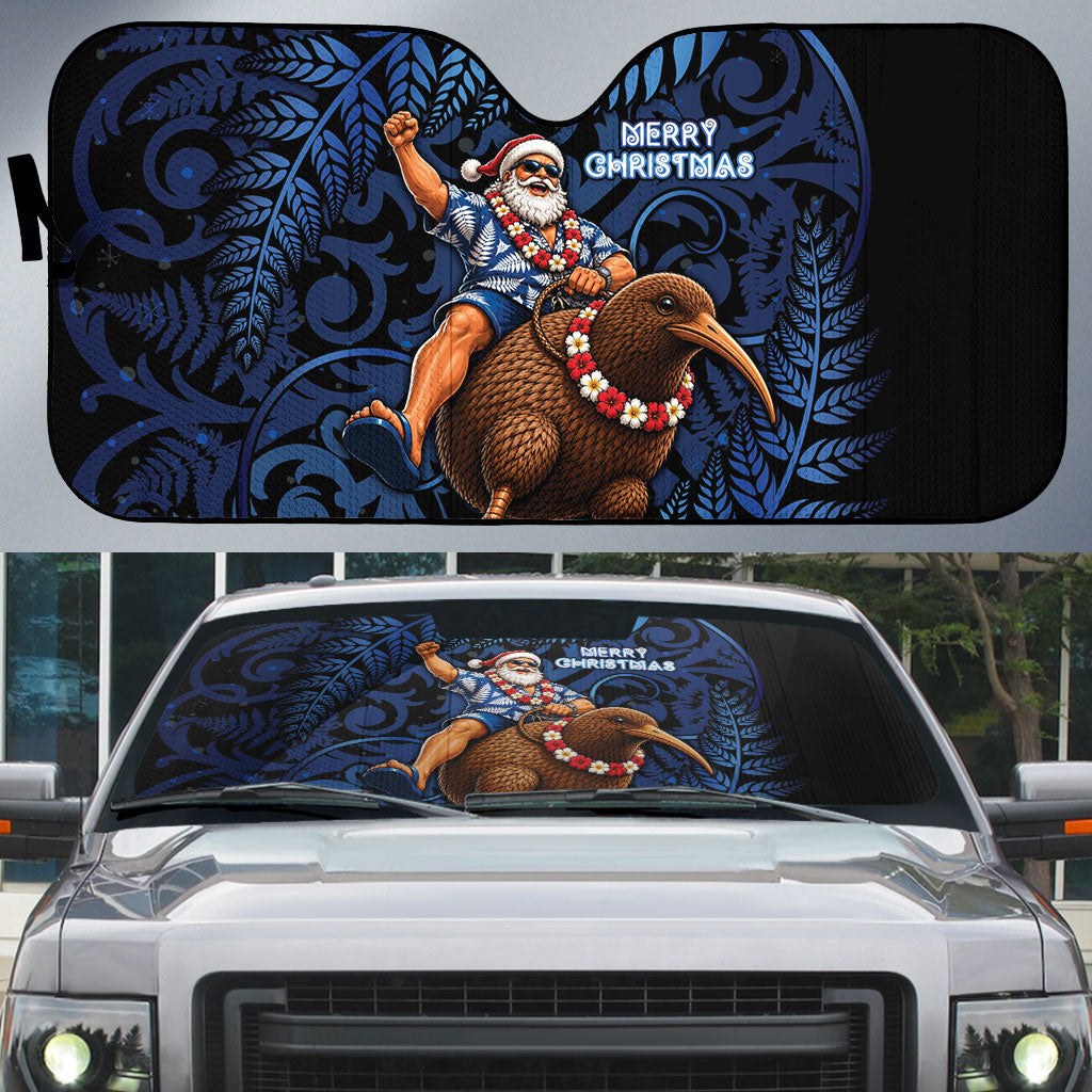 New Zealand Christmas Auto Sun Shade Santa Riding Kiwi Bird Silver Fern