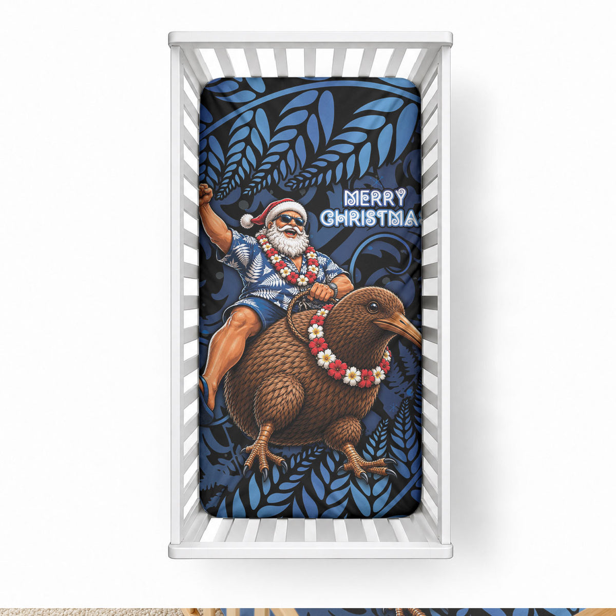 New Zealand Christmas Baby Bed Cover Santa Riding Kiwi Bird Silver Fern
