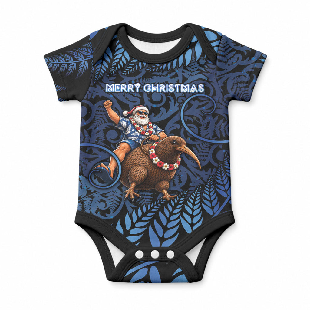 New Zealand Christmas Baby Onesie Santa Riding Kiwi Bird Silver Fern