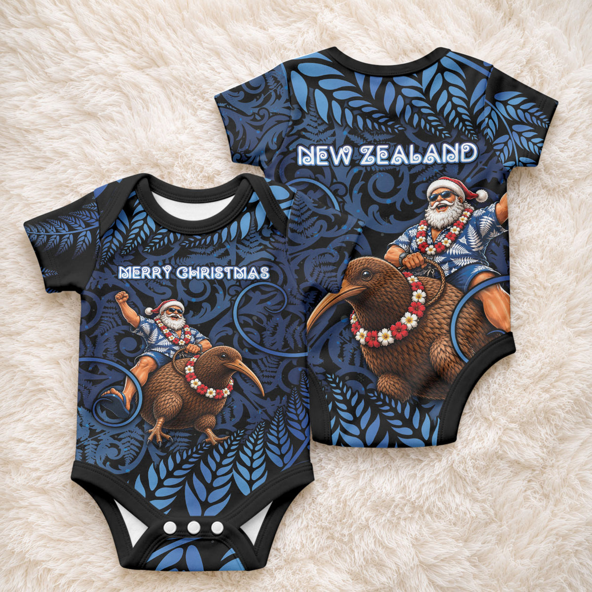 New Zealand Christmas Baby Onesie Santa Riding Kiwi Bird Silver Fern