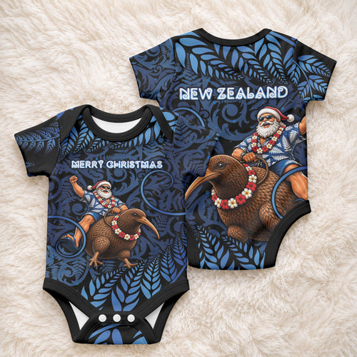 New Zealand Christmas Baby Onesie Santa Riding Kiwi Bird Silver Fern