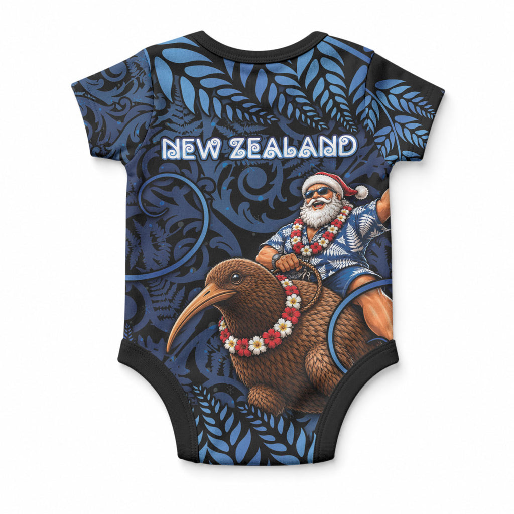 New Zealand Christmas Baby Onesie Santa Riding Kiwi Bird Silver Fern