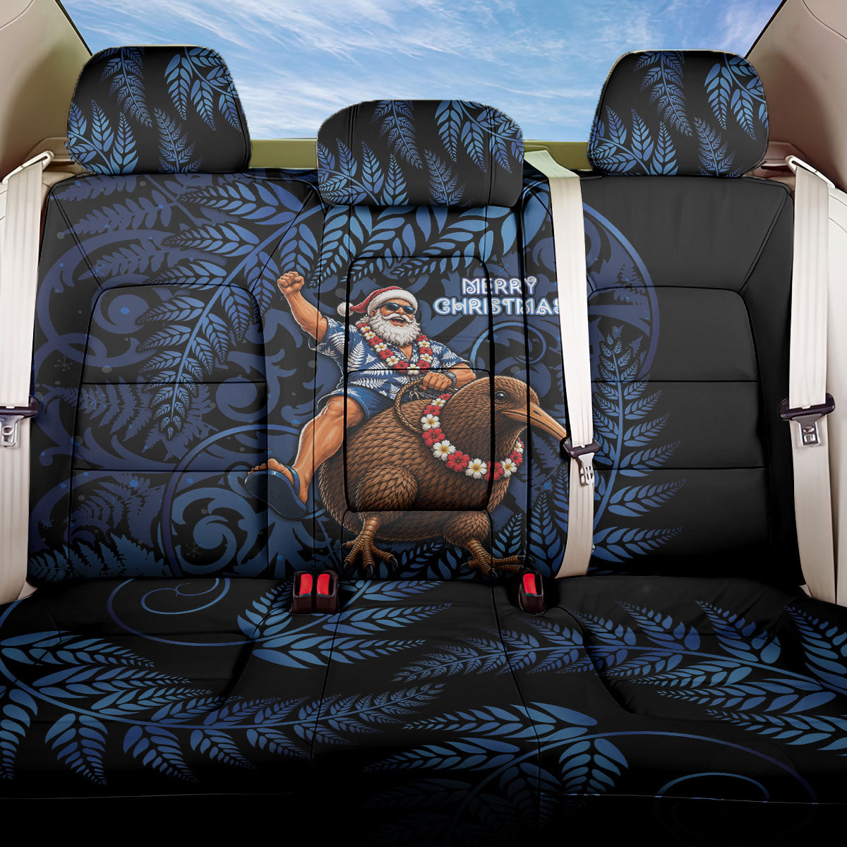 New Zealand Christmas Back Car Seat Cover Santa Riding Kiwi Bird Silver Fern