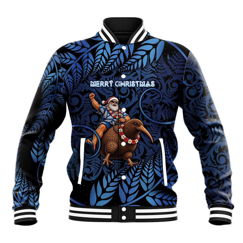 New Zealand Christmas Baseball Jacket Santa Riding Kiwi Bird Silver Fern