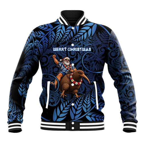 New Zealand Christmas Baseball Jacket Santa Riding Kiwi Bird Silver Fern