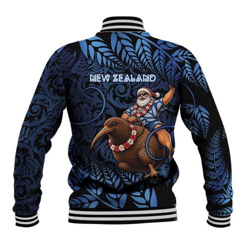 New Zealand Christmas Baseball Jacket Santa Riding Kiwi Bird Silver Fern