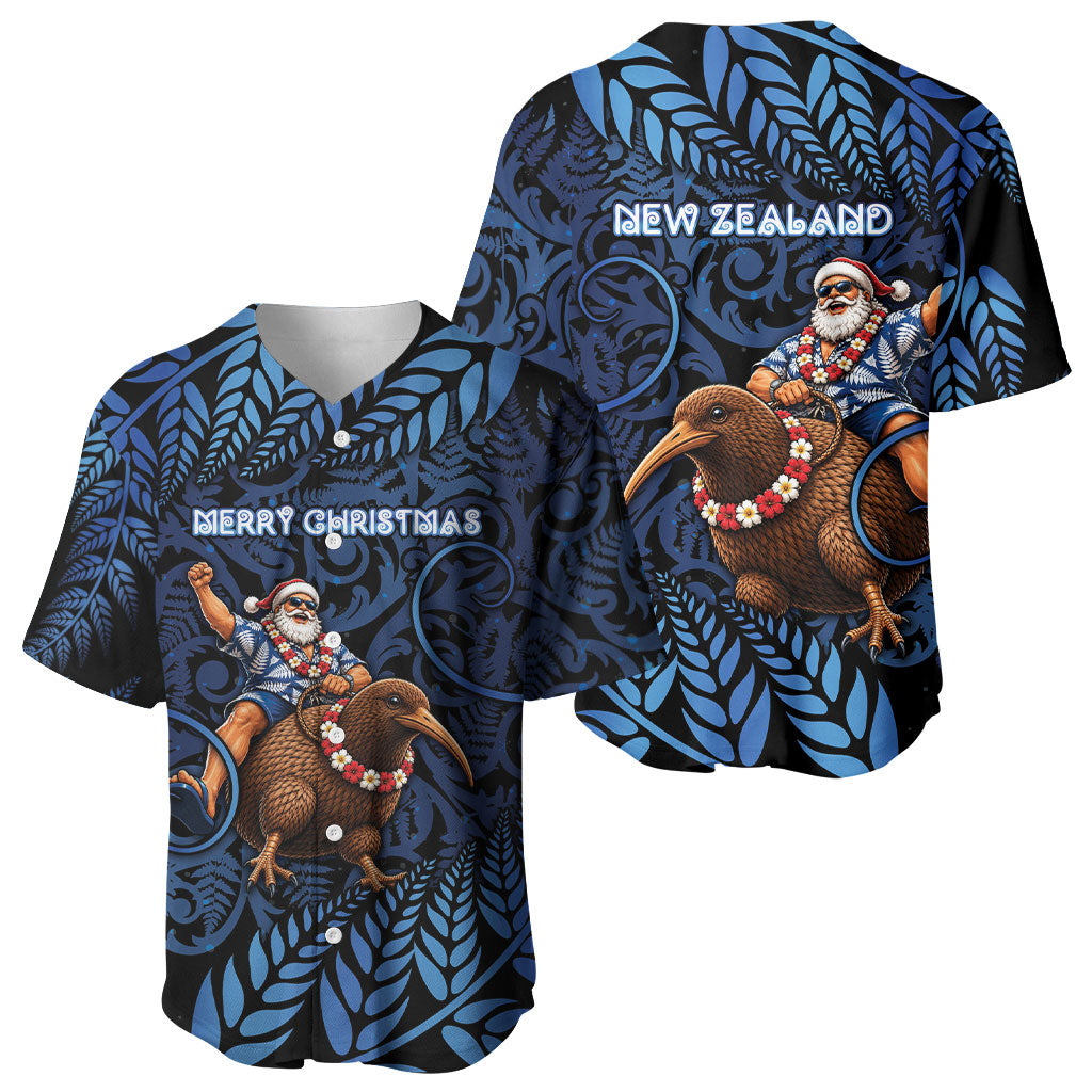 New Zealand Christmas Baseball Jersey Santa Riding Kiwi Bird Silver Fern