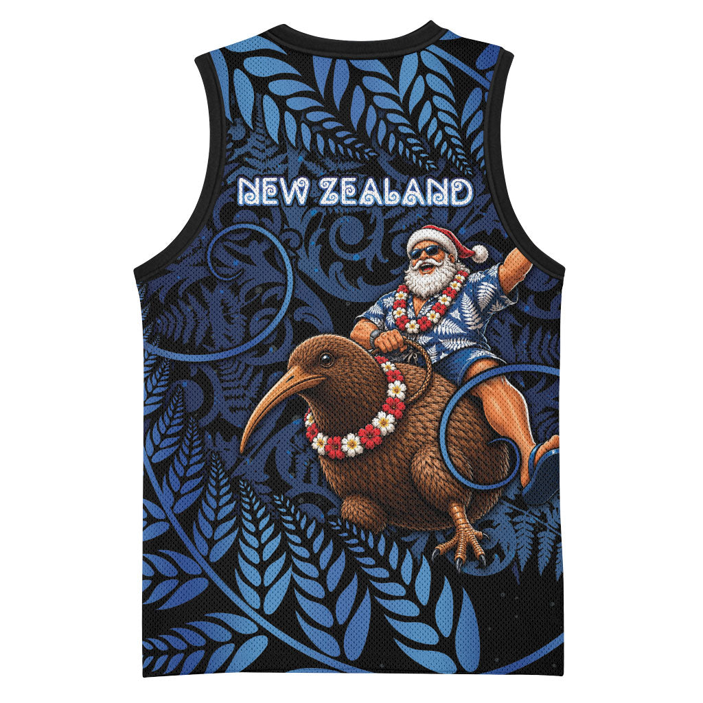 New Zealand Christmas Basketball Jersey Santa Riding Kiwi Bird Silver Fern