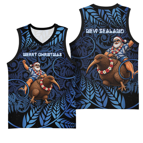 New Zealand Christmas Basketball Jersey Santa Riding Kiwi Bird Silver Fern