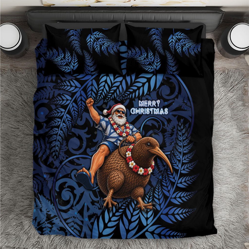 New Zealand Christmas Bedding Set Santa Riding Kiwi Bird Silver Fern