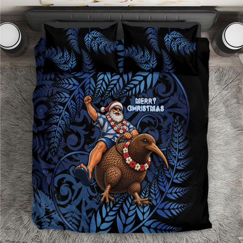 New Zealand Christmas Bedding Set Santa Riding Kiwi Bird Silver Fern
