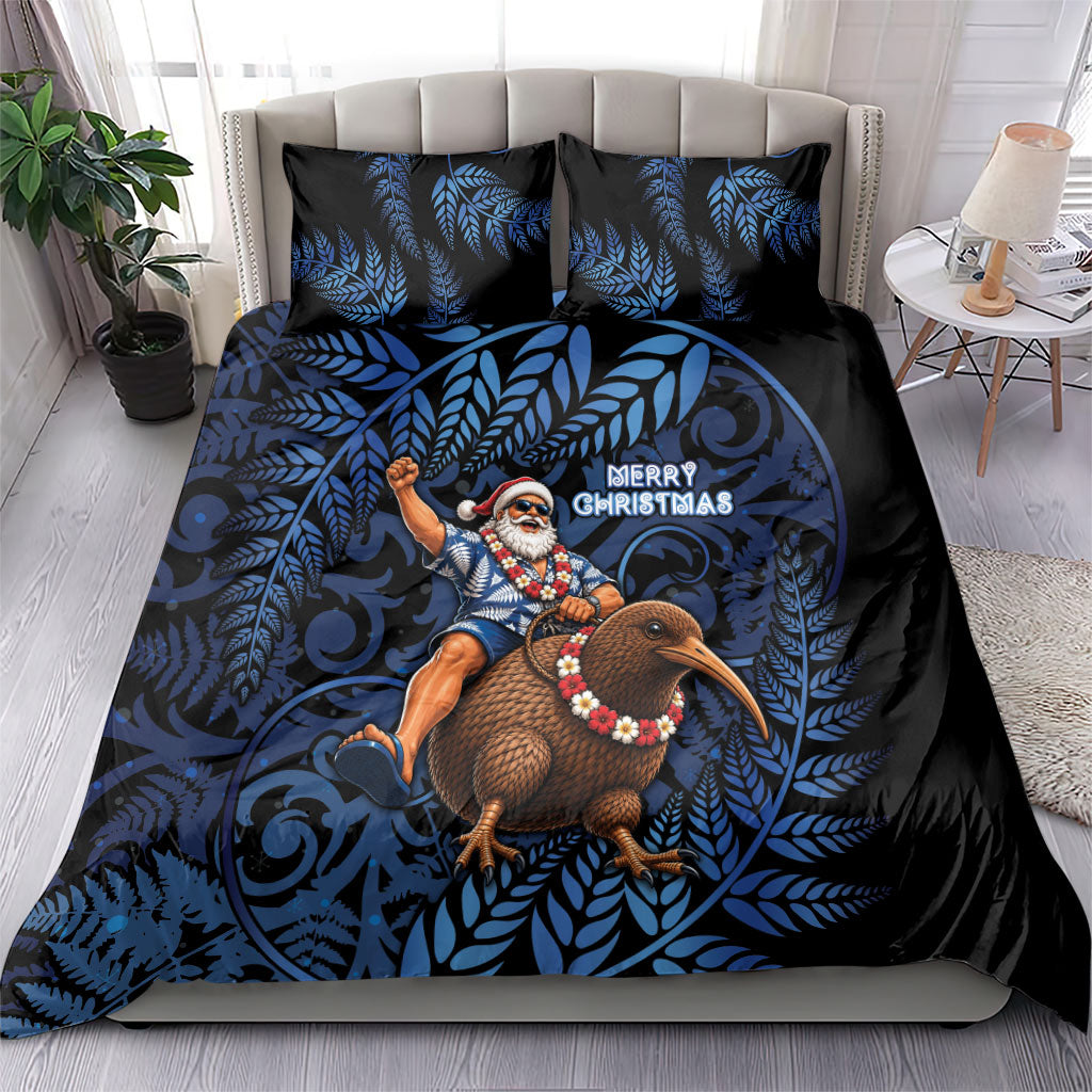 New Zealand Christmas Bedding Set Santa Riding Kiwi Bird Silver Fern