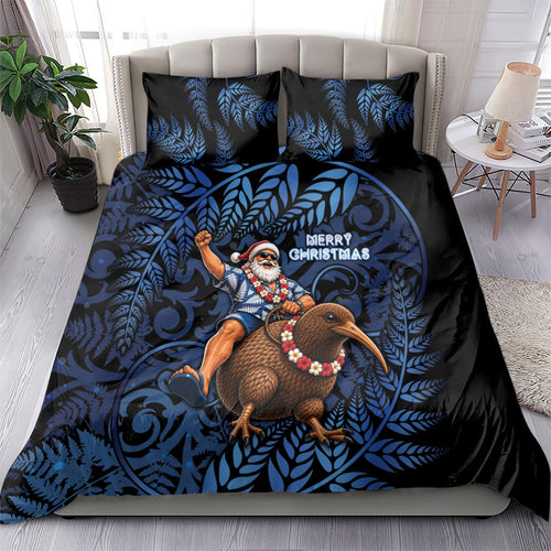 New Zealand Christmas Bedding Set Santa Riding Kiwi Bird Silver Fern