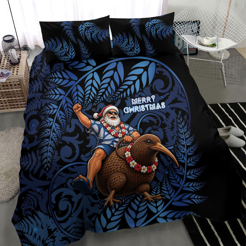 New Zealand Christmas Bedding Set Santa Riding Kiwi Bird Silver Fern
