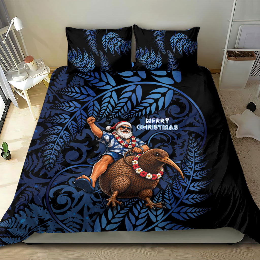 New Zealand Christmas Bedding Set Santa Riding Kiwi Bird Silver Fern