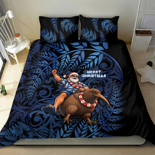 New Zealand Christmas Bedding Set Santa Riding Kiwi Bird Silver Fern