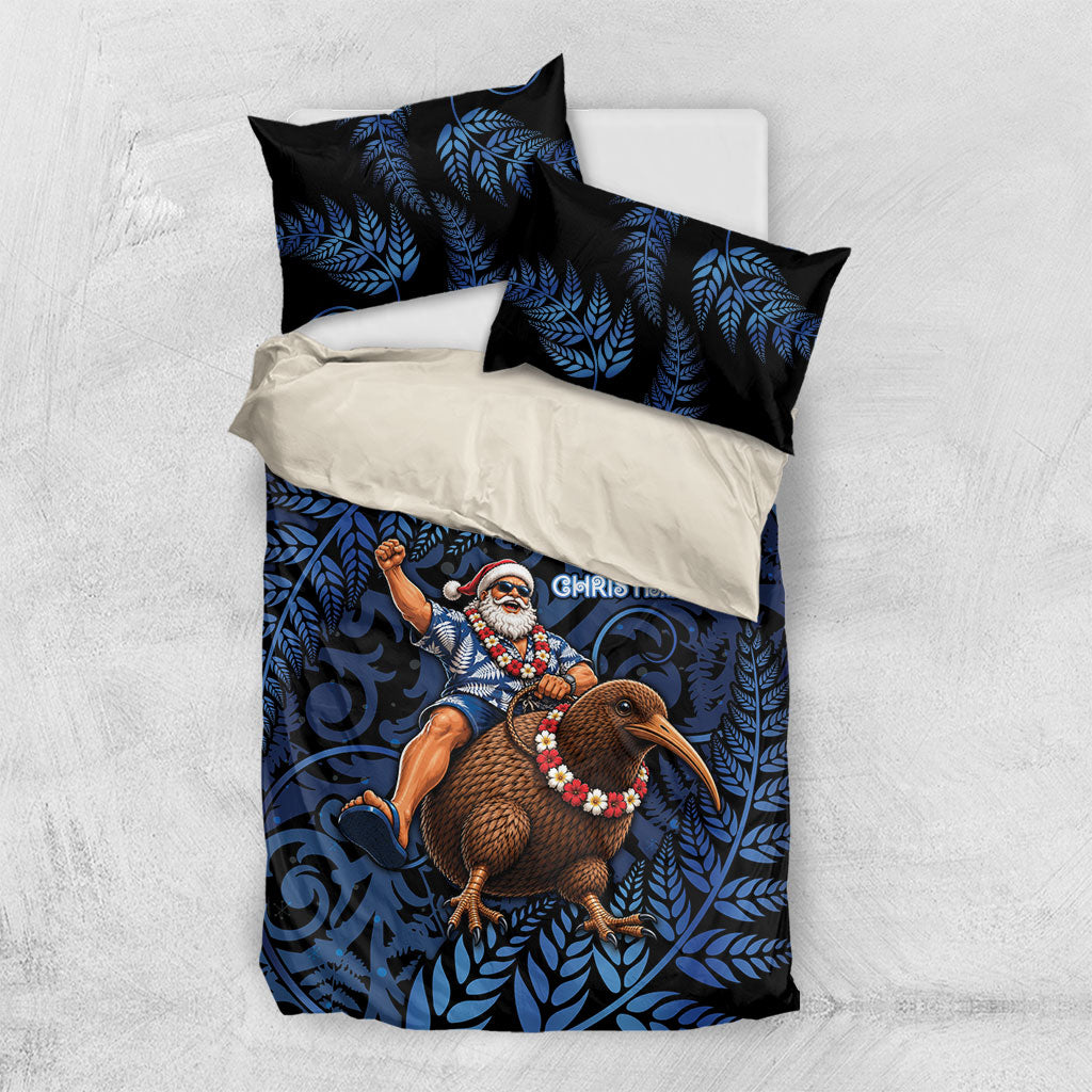New Zealand Christmas Bedding Set Santa Riding Kiwi Bird Silver Fern