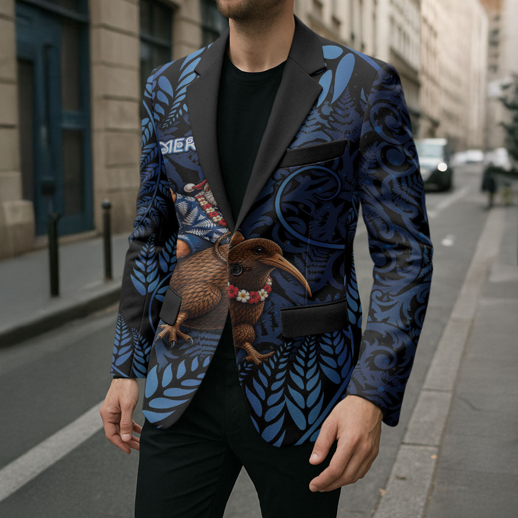 New Zealand Christmas Blazer Santa Riding Kiwi Bird Silver Fern