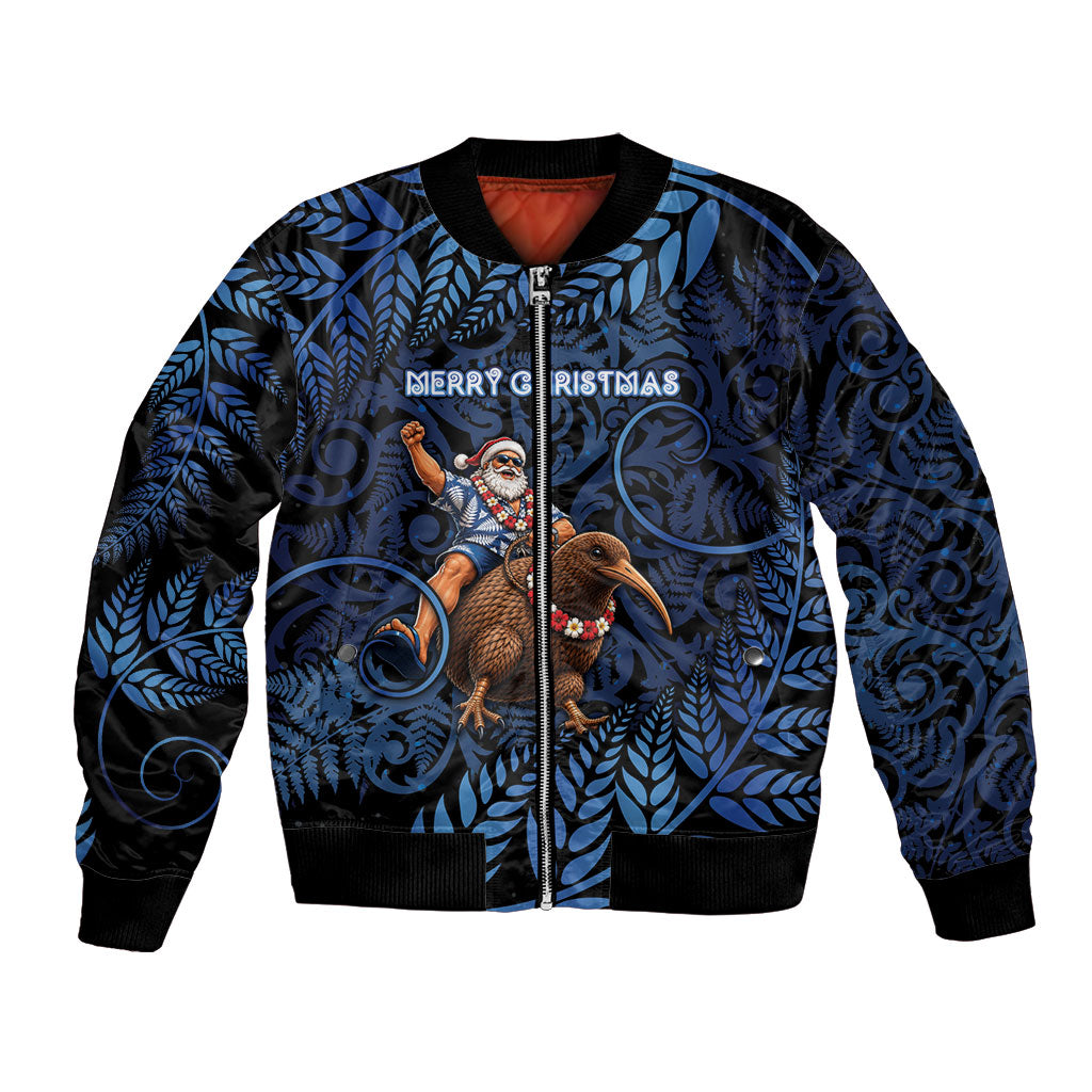 New Zealand Christmas Bomber Jacket Santa Riding Kiwi Bird Silver Fern