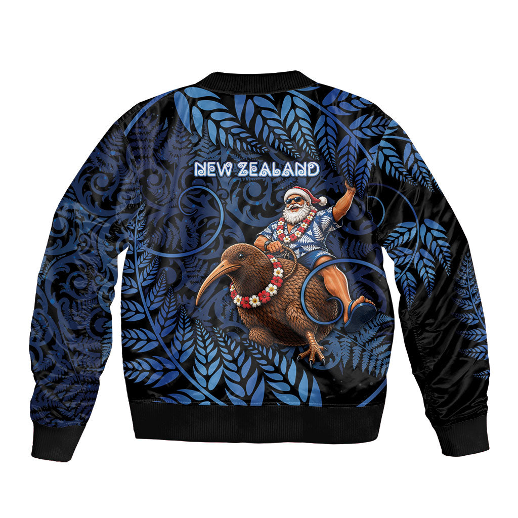 New Zealand Christmas Bomber Jacket Santa Riding Kiwi Bird Silver Fern