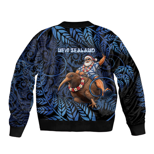 New Zealand Christmas Bomber Jacket Santa Riding Kiwi Bird Silver Fern