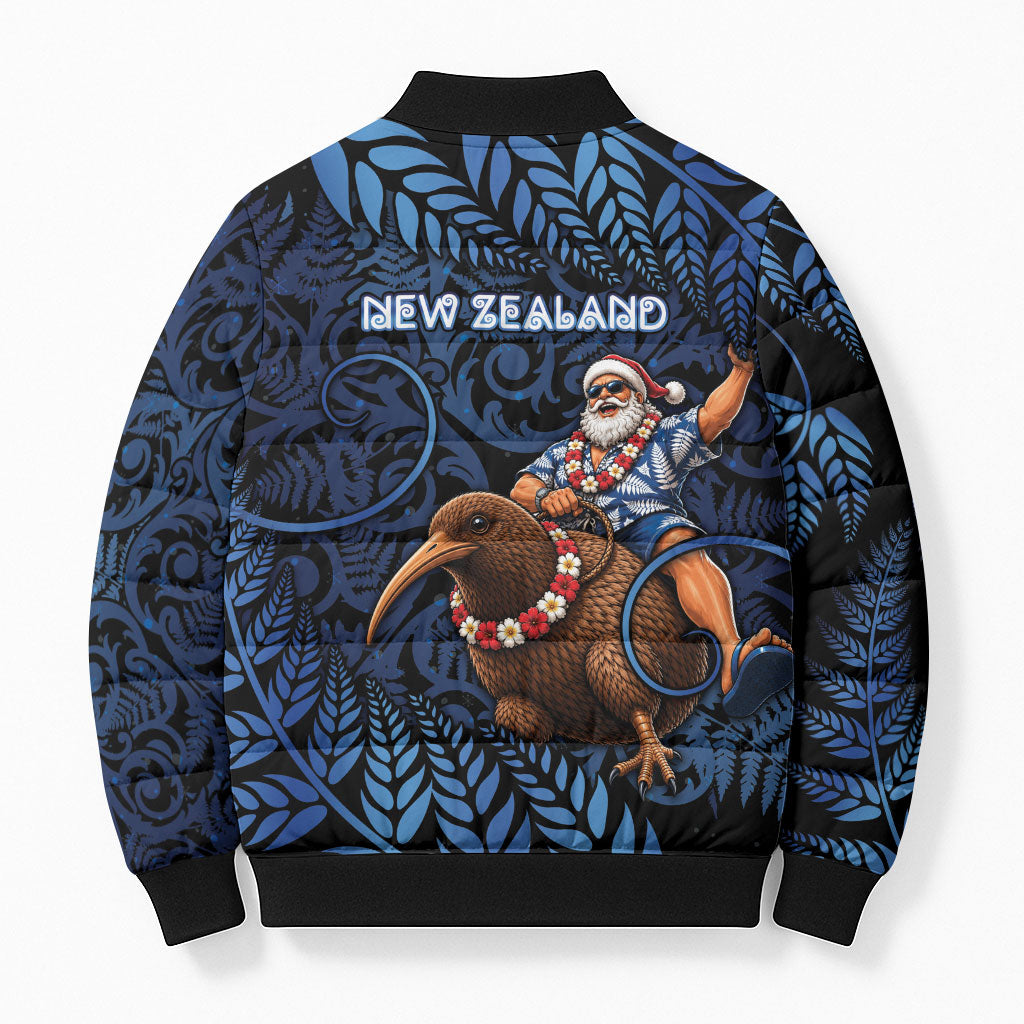 New Zealand Christmas Bomber Puffer Jacket Santa Riding Kiwi Bird Silver Fern