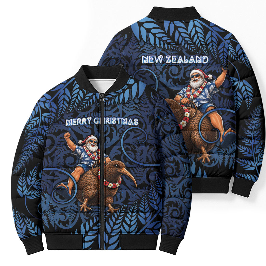 New Zealand Christmas Bomber Puffer Jacket Santa Riding Kiwi Bird Silver Fern