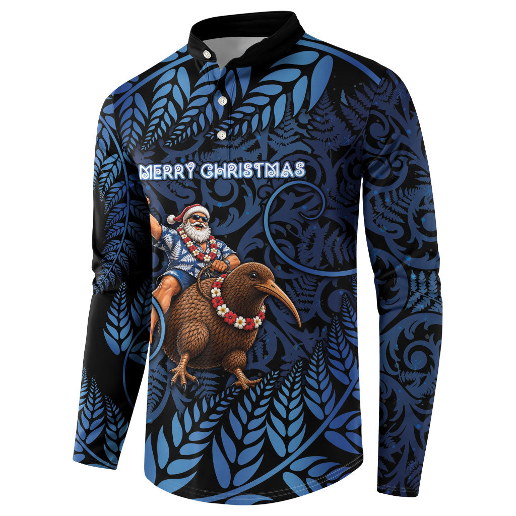 New Zealand Christmas Button Sweatshirt Santa Riding Kiwi Bird Silver Fern