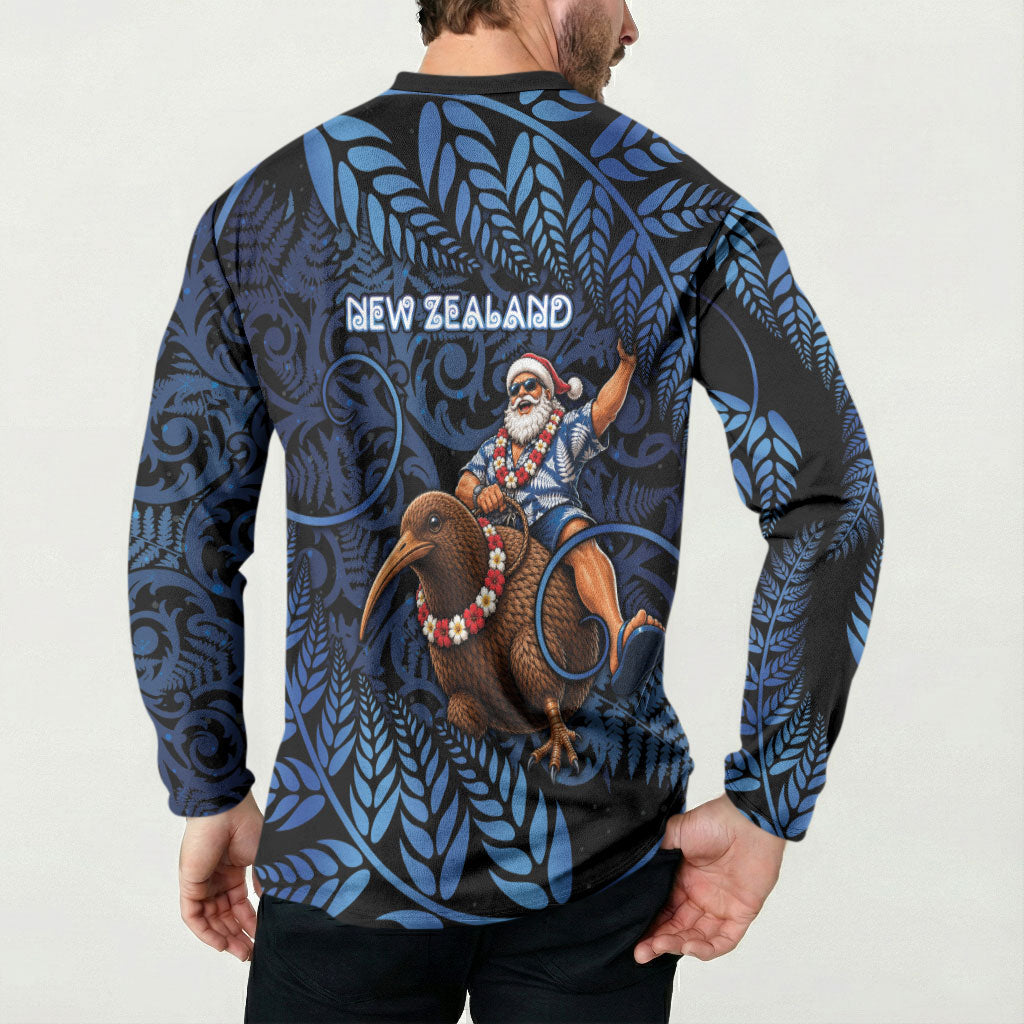 New Zealand Christmas Button Sweatshirt Santa Riding Kiwi Bird Silver Fern