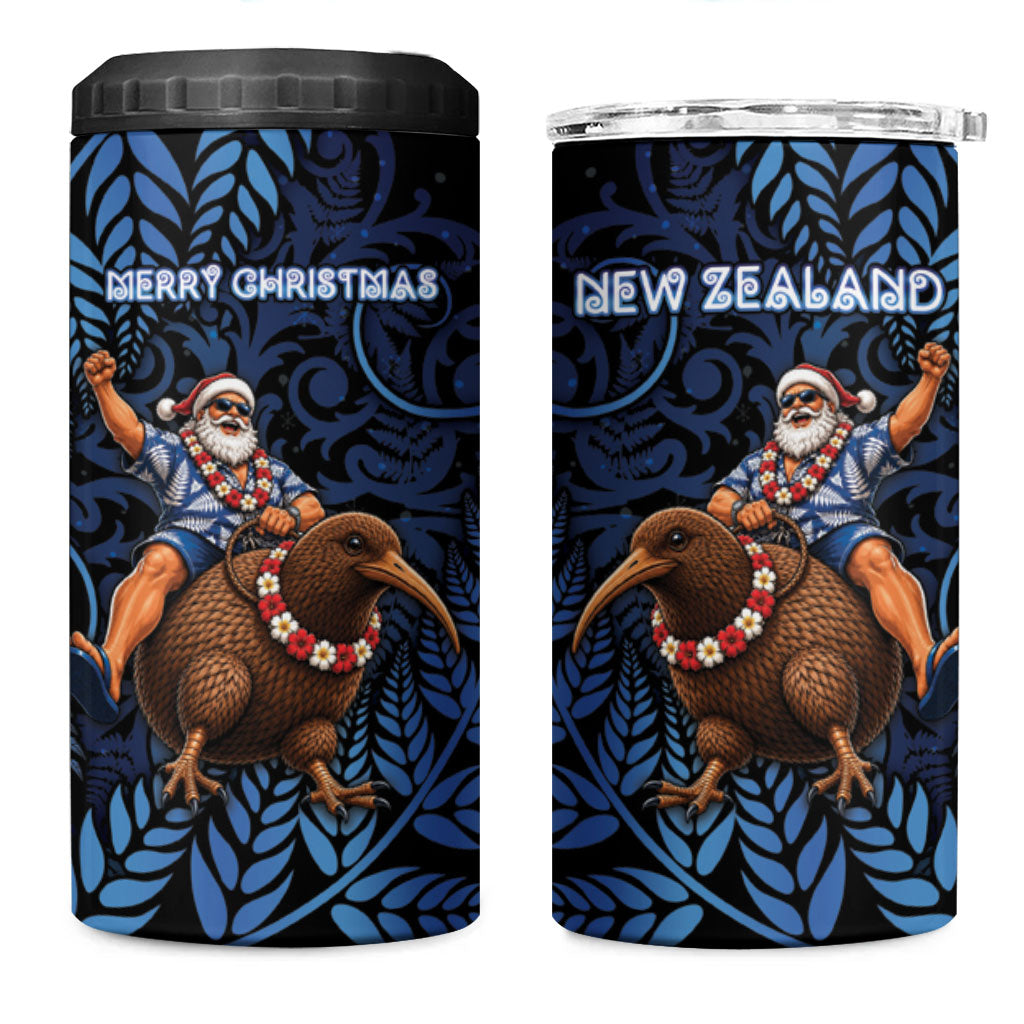 New Zealand Christmas 4 in 1 Can Cooler Tumbler Santa Riding Kiwi Bird Silver Fern