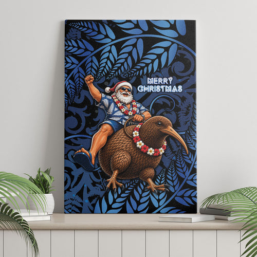 New Zealand Christmas Canvas Wall Art Santa Riding Kiwi Bird Silver Fern