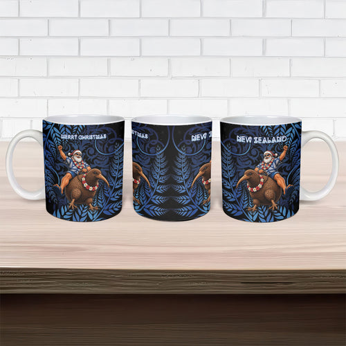 New Zealand Christmas Ceramic Mug Santa Riding Kiwi Bird Silver Fern