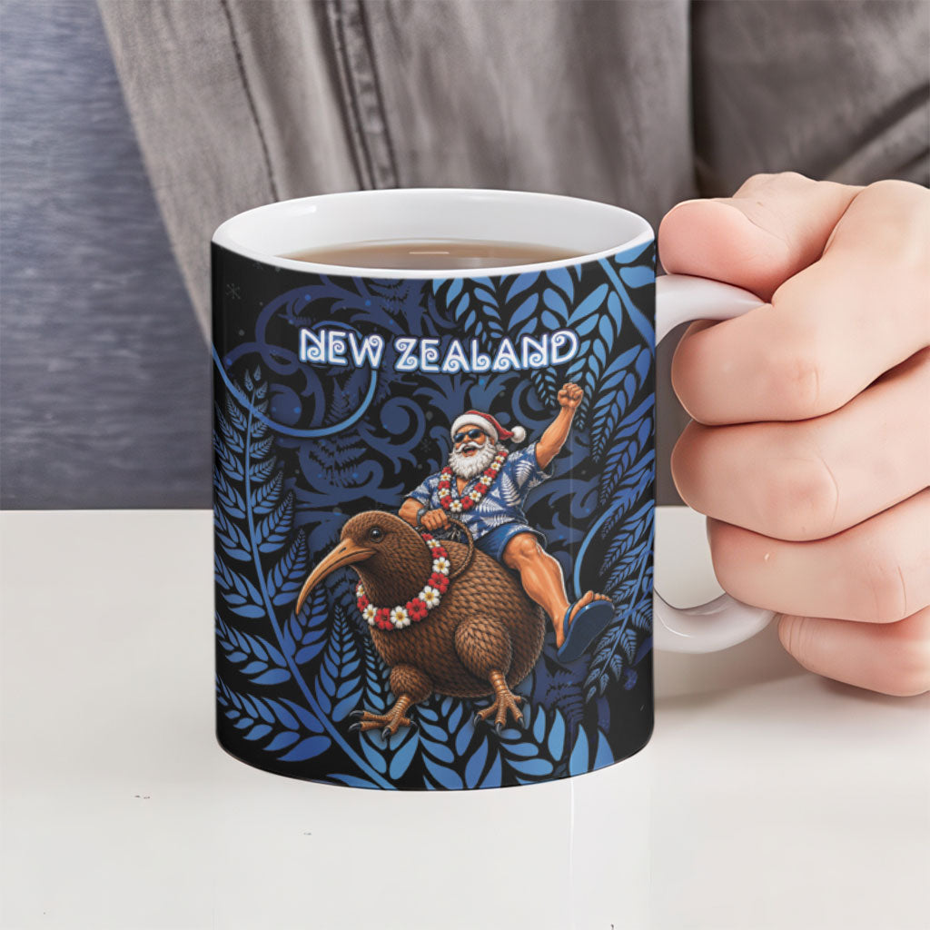 New Zealand Christmas Ceramic Mug Santa Riding Kiwi Bird Silver Fern