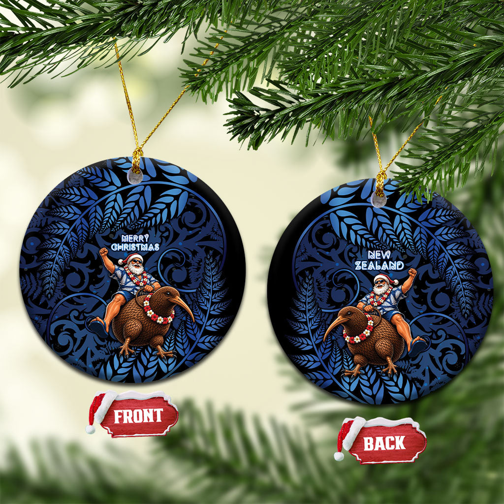 New Zealand Christmas Ceramic Ornament Santa Riding Kiwi Bird Silver Fern