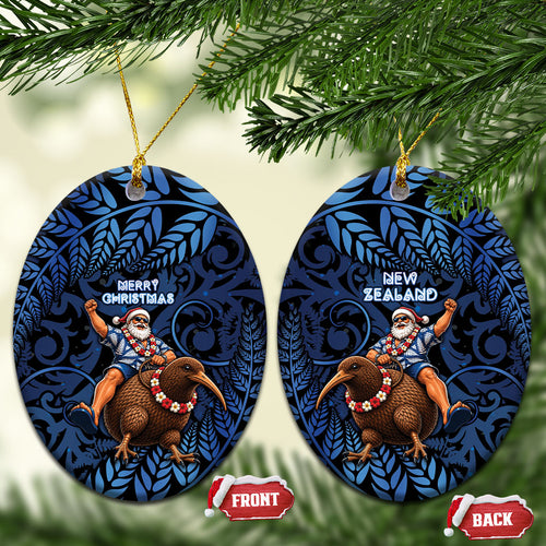 New Zealand Christmas Ceramic Ornament Santa Riding Kiwi Bird Silver Fern