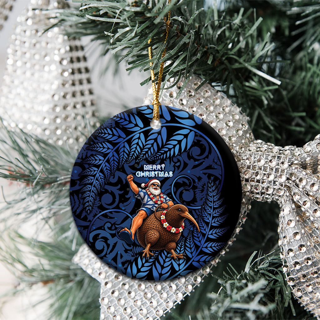 New Zealand Christmas Ceramic Ornament Santa Riding Kiwi Bird Silver Fern