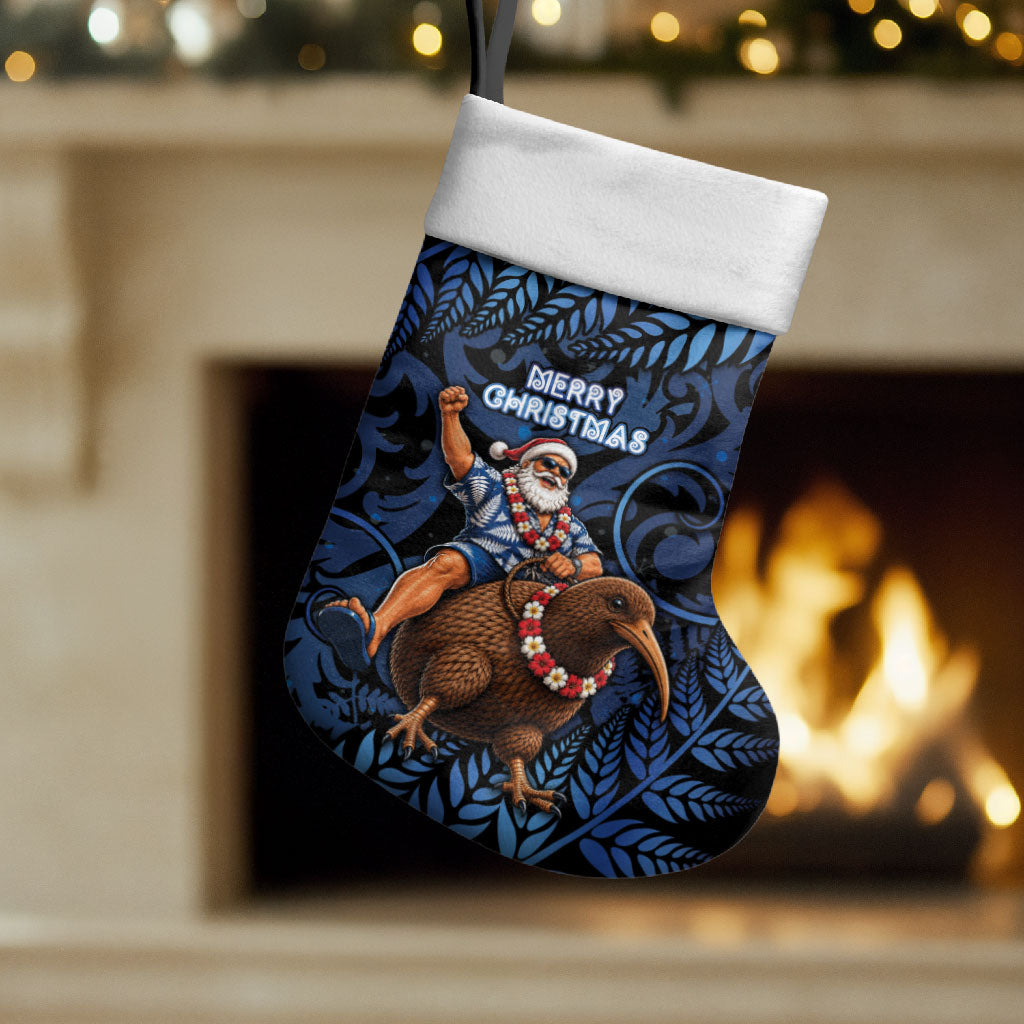New Zealand Christmas Stocking Santa Riding Kiwi Bird Silver Fern