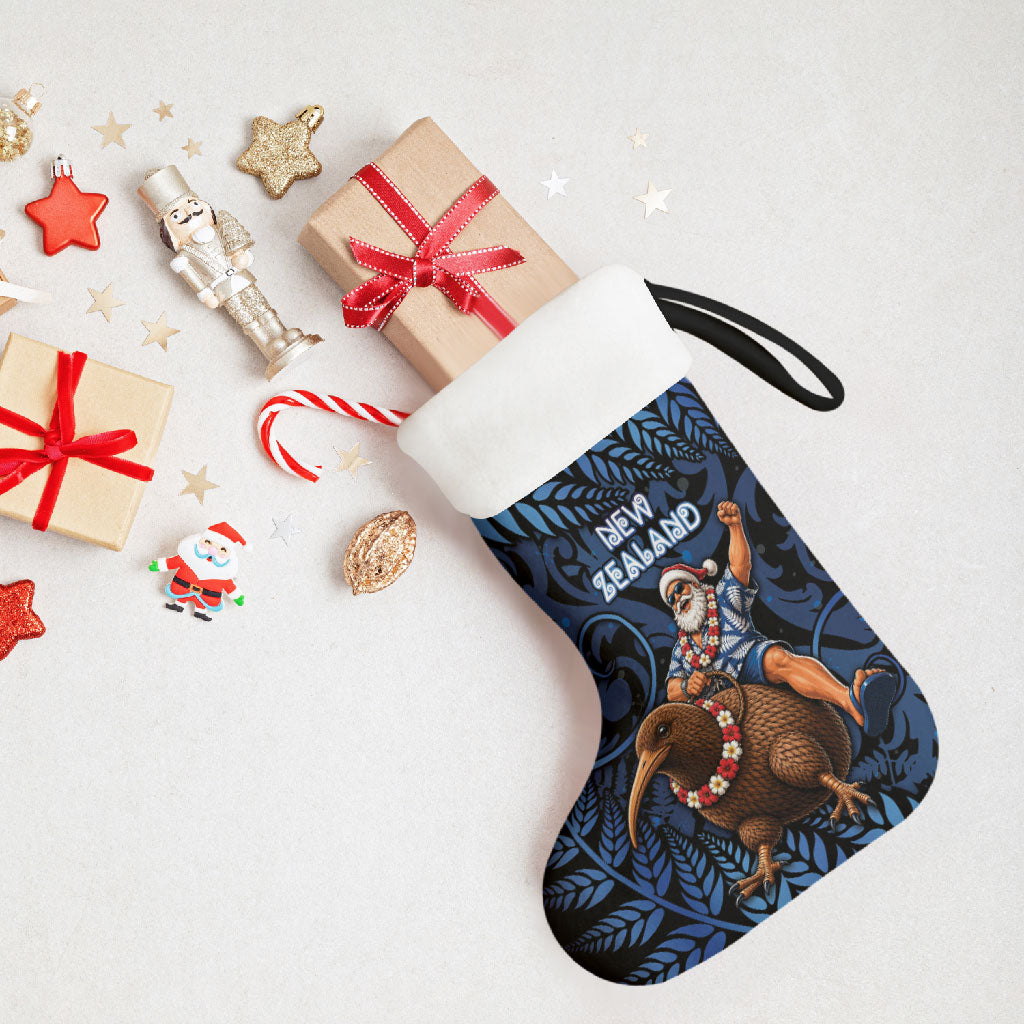 New Zealand Christmas Stocking Santa Riding Kiwi Bird Silver Fern