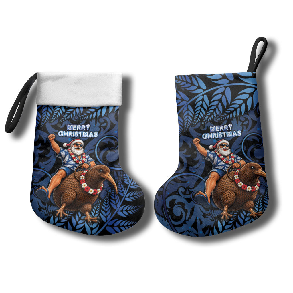 New Zealand Christmas Stocking Santa Riding Kiwi Bird Silver Fern