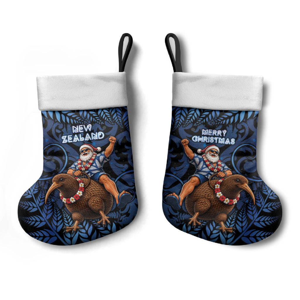 New Zealand Christmas Stocking Santa Riding Kiwi Bird Silver Fern