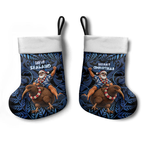 New Zealand Christmas Stocking Santa Riding Kiwi Bird Silver Fern